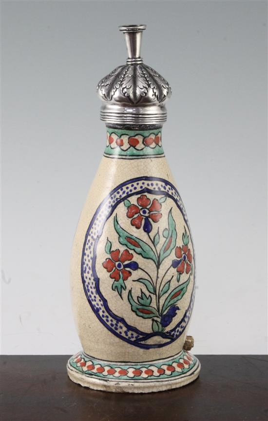 A Turkish pottery silver topped rosewater sprinkler, later 19th / early 20th century, 25cm